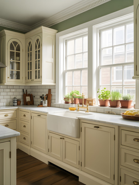 A kitchen with terracotta plants on the windowsill.