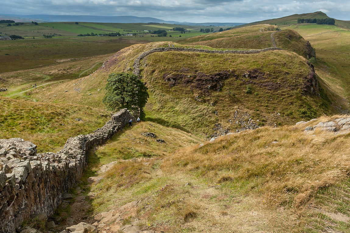 Ancient stone wall of Hadrian's Wall winding across green hills in Northumberland UK