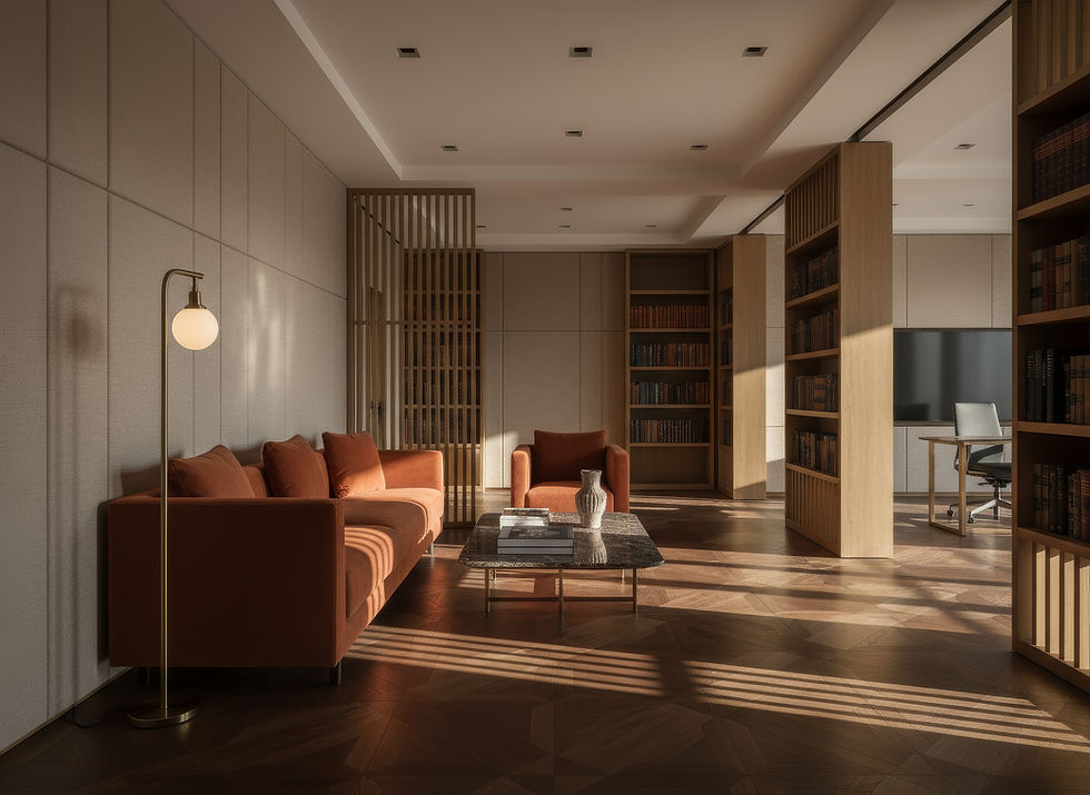 Bespoke joinery in a lounge room with wooden built in bookcases and shelving units