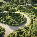 Curved stone walkway surrounded by landscaping