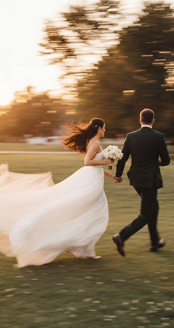Bride and groom running together outdoors on their wedding day