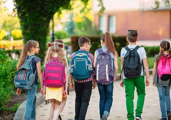 group of children, back towards camera, walking towards their school