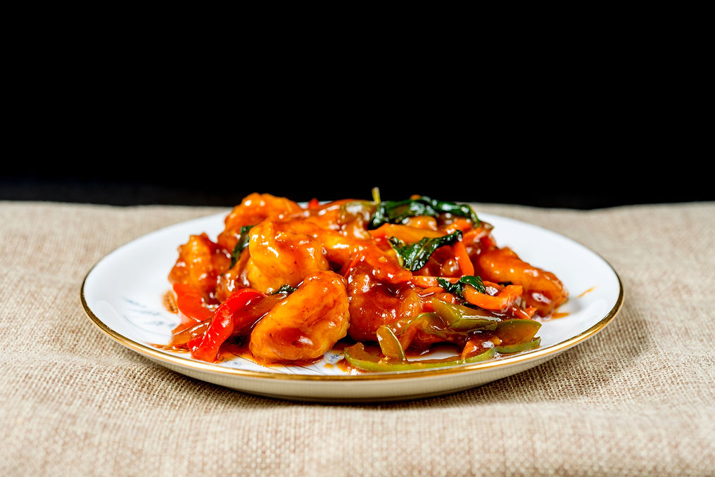 wok fried Shrimp stir fry with sweet peppers and chinese vegetables