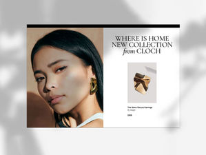 Woman with dark hair wears gold earrings, looking serene. Text: "WHERE IS HOME NEW COLLECTION from CLOCH." Includes earring image.