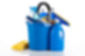 Blue cleaning bucket filled with bottles, sponges, scrub brushes, and gloves