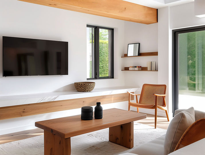 Il s'agit d'une photo intérieure grand angle d'un salon moderne avec une esthétique minimaliste et naturelle. La scène est dominée par des tons de bois chauds, des murs blancs et de la lumière naturelle.

Au centre-gauche de l'image, une grande télévision à écran plat est montée sur un mur blanc. Sous la télévision, une longue étagère continue s'étend horizontalement. Cette étagère est en marbre blanc avec des veines grises proéminentes sur la face avant, et elle semble être soutenue par une planche de bois épaisse et naturelle qui passe en dessous, ajoutant une touche rustique.

À droite de la télévision et légèrement au-dessus de l'étagère, il y a une grande fenêtre étroite avec un cadre noir. À travers la fenêtre, un feuillage vert luxuriant, probablement une haie manucure, est visible, suggérant un jardin extérieur.

Sur l'étagère, positionnée au centre de la fenêtre, se trouve un panier tissé décoratif.

Plus à droite, sur le mur blanc, se trouvent deux fines étagères en bois horizontales. L'étagère supérieure contient une petite image encadrée noire, son reflet est visible. L'étagère inférieure affiche une pile de livres, certains avec des dos colorés, et quelques serre-livres verticaux.

Au milieu du sol, à droite des étagères, se trouve un fauteuil saisissant. Il a un cadre en bois clair avec des bras et des jambes élégamment incurvés. Le siège et le dossier sont faits d'un matériau tissé en canne ou en rotin dans une teinte chaude, brun orangé, offrant un contraste de texture distinct.

Au premier plan, une table basse rectangulaire en bois massif occupe le devant de la scène. C'est une pièce substantielle avec un dessus épais et des pieds en bloc épais, mettant en valeur le grain naturel et les imperfections du bois. Sur la table basse, deux objets décoratifs noirs sont placés : un récipient à couvercle cylindrique à gauche et un vase plus petit en forme de bouteille plus effilé à droite.

Le sol est recouvert d'un tapis texturé de couleur claire, peut-être d'une fibre naturelle tissée, sous la table basse.

À l'extréme droite, un éclat de canapé de couleur claire est visible, avec des coussins moelleux et des notes d'un coussin d'accent orange.

La lumière naturelle s'écoule à partir de ce qui semble être une grande porte ou fenêtre en verre à l'extrême droite, projetant des ombres douces et soulignant les textures des matériaux.

Le plafond présente des poutres en bois apparentes proéminentes, poursuivant le thème du bois naturel et ajoutant un intérêt architectural.

La palette générale de couleurs est neutre et terreuse, avec des blancs, des gris, des tons de bois naturels et des touches de vert depuis la vue extérieure. La composition est équilibrée, avec des éléments clés disposés pour créer un sentiment d'espace et de tranquillité. L'interaction des surfaces lisses et dures comme le marbre et le verre avec les éléments organiques texturés comme le bois, le rotin et le panier tissé contribue à une atmosphère sophistiquée mais confortable.