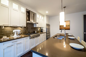 Modern, bright, clean, kitchen interior with stainless steel appliances in a luxury house
