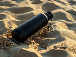 An empty black bottle lying in the sand, half-buried