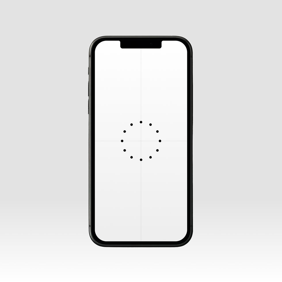 Smartphone with a white screen showcasing a circular design on a light gray background.