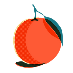 an orange with a green leaf
