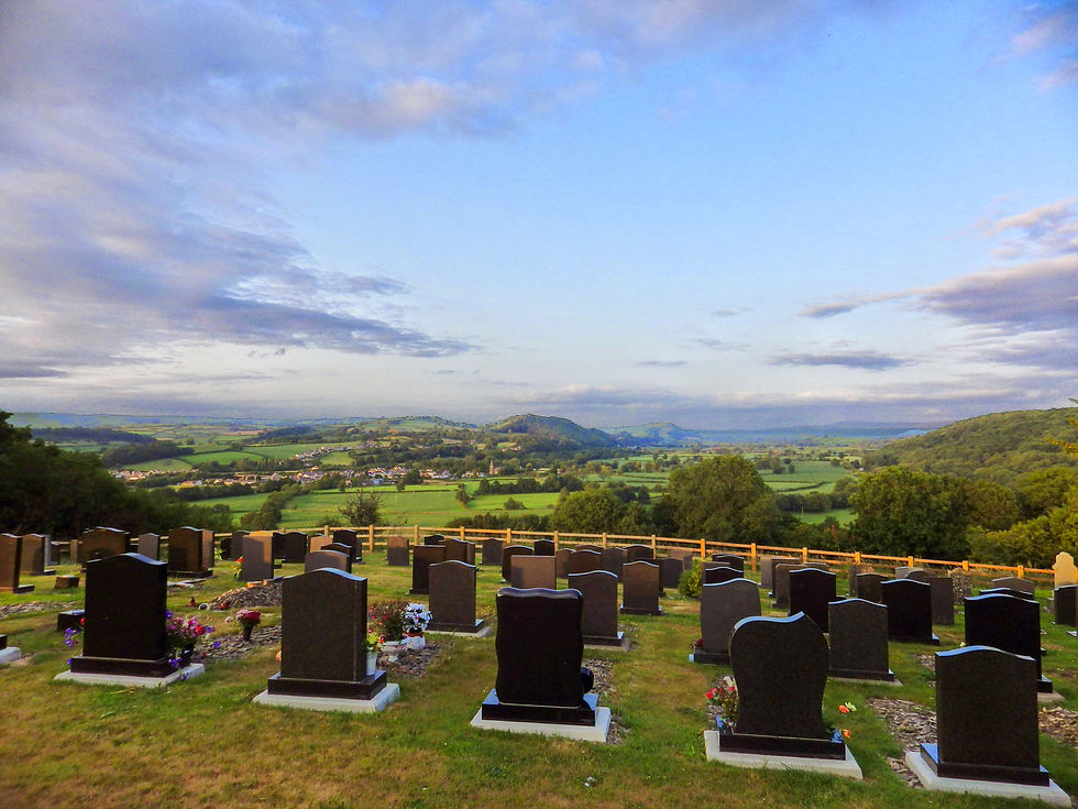 Serene cemetery with rows of dark gravestones on grassy hill