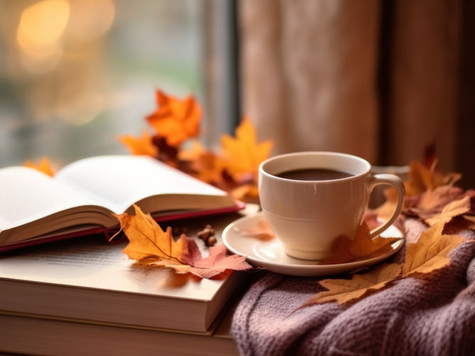 Cozy afternoon with a book and coffee, surrounded by autumn leaves, perfect for November reading.