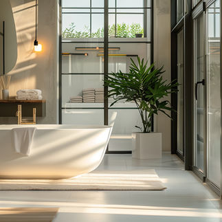 Airy bathroom using pendant lighting and big windows for natural light