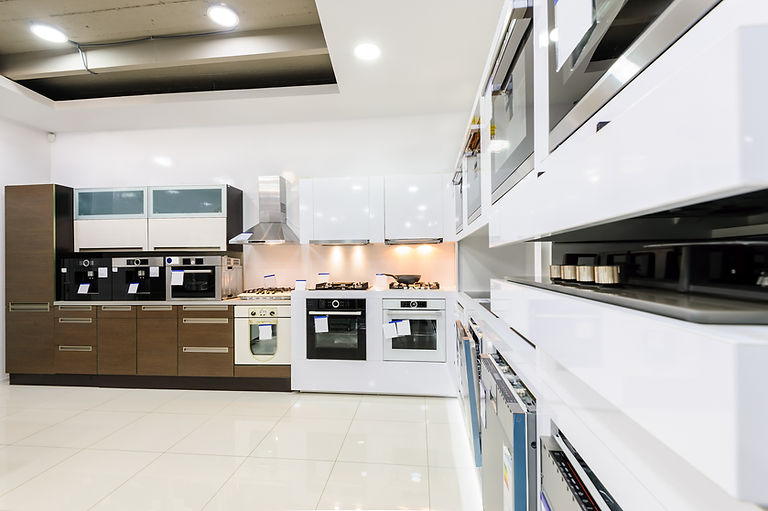 Modern kitchen showroom with sleek appliances