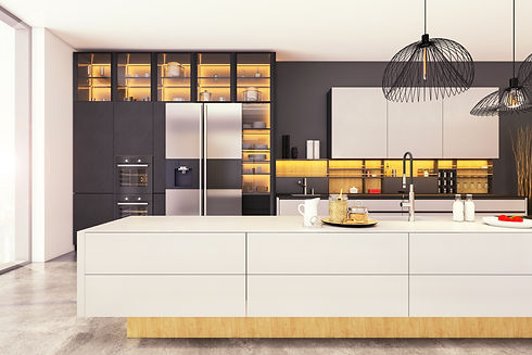 Large modern kitchen interior with kitchen island, pendant lamps, refrigerator. Template f