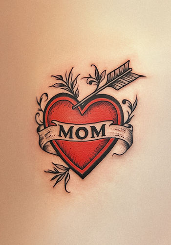 Tattoo with heart and the word MOM across it.
