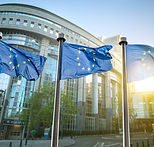 Three flagpoles with the EU flag are visible in front of a building.