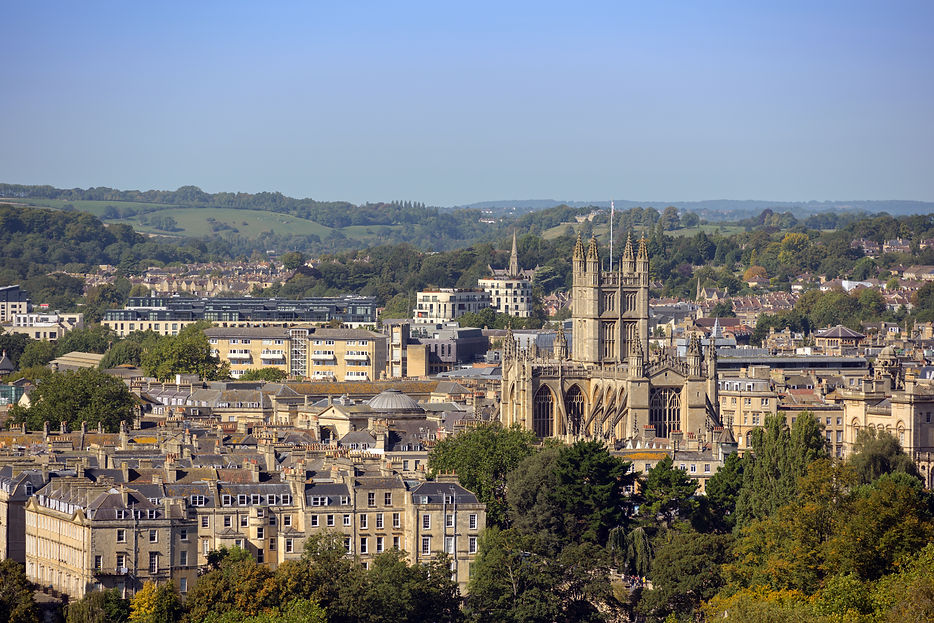 View of Bath, including the Gothic Bath Abbey, Somerset, UK from Bath Skyline