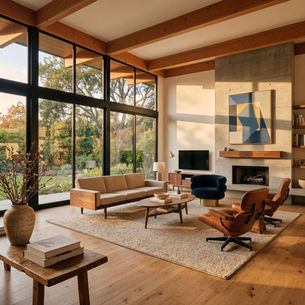 A modern, minimalistic living room with garden views