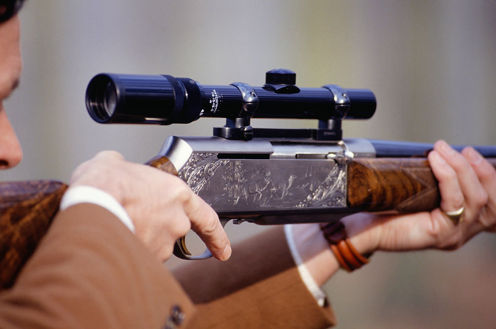Close up of a rifle scope mounted on a firearm