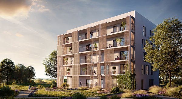 Architectural rendering of a modern apartment complex, showcasing the types of properties insured by Gaylord Insurance.