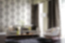 A living room with a wallpaper wall