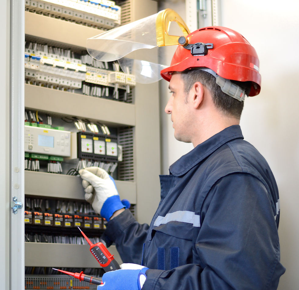 Engineer inspecting cabling connection in electrical room
