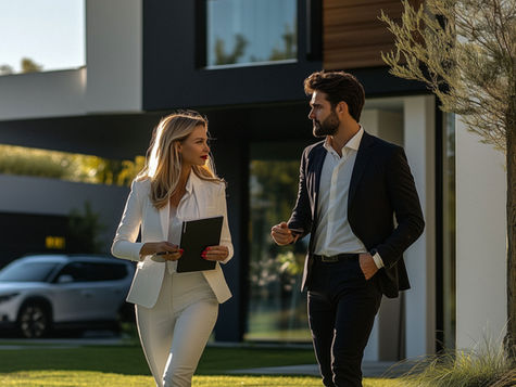 A real estate agent discusses property details with a client outside a modern luxury home, bathed in warm afternoon sunlight.