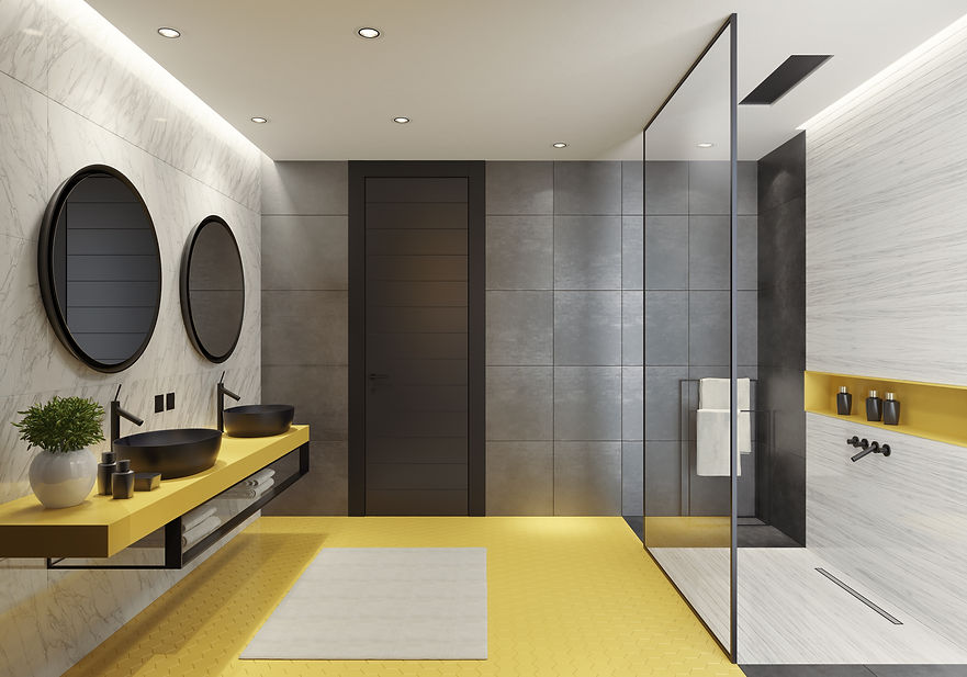 Luxurious bathroom with yellow honeycomb ceramic tiles and gray.and marble large ceramic t