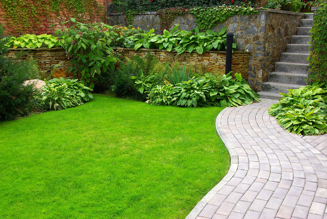 A lush green garden features a curved stone pathway