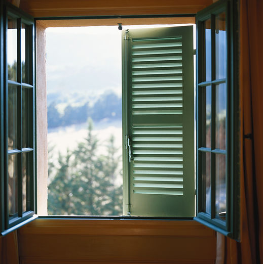 Open green wooden window shutter framing a scenic outdoor view