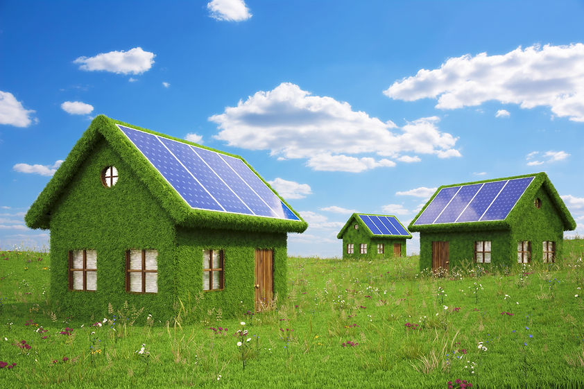 Green homes with solar panels on the roof