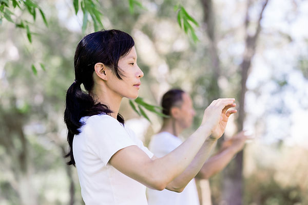 Menschen üben im Freien Qi Gong