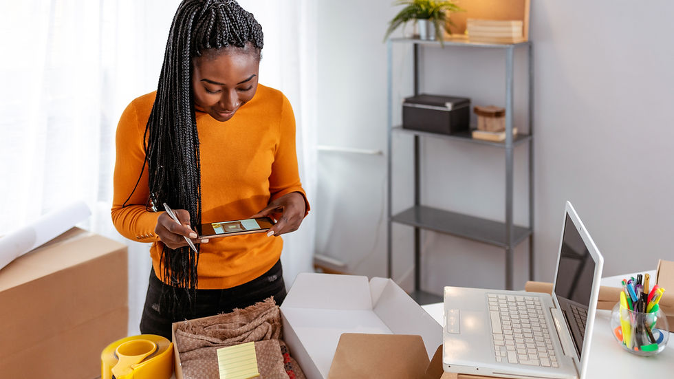 Woman taking picture of product inside of package before shipping it out