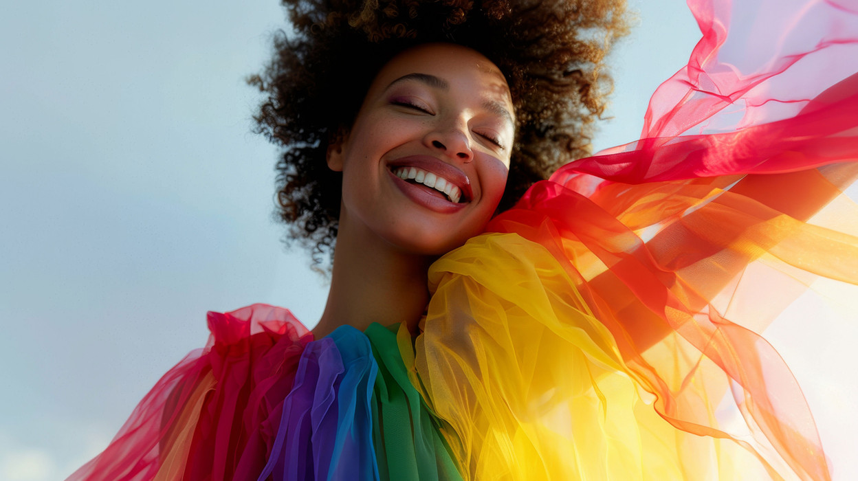 Smiling woman with colorful fabric, celebrating pride with joy and happiness.