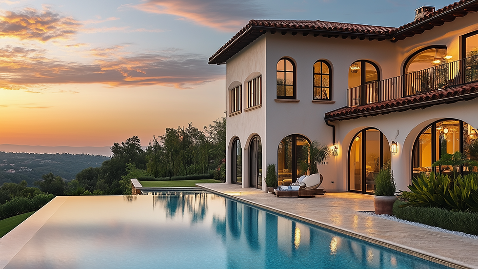 Modern villa with infinity pool at sunset. Orange-pink sky, lush greenery surrounds. Warm lights glow from arched windows. Relaxing mood.