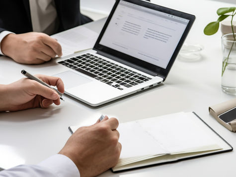 Business professionals engage in a collaborative meeting, taking notes and discussing plans with a laptop displaying documents at a modern office table.
