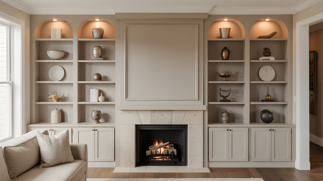 Custom warm earth tone built-in shelves and fireplace in Orillia, built by Strongman Custom Woodworking