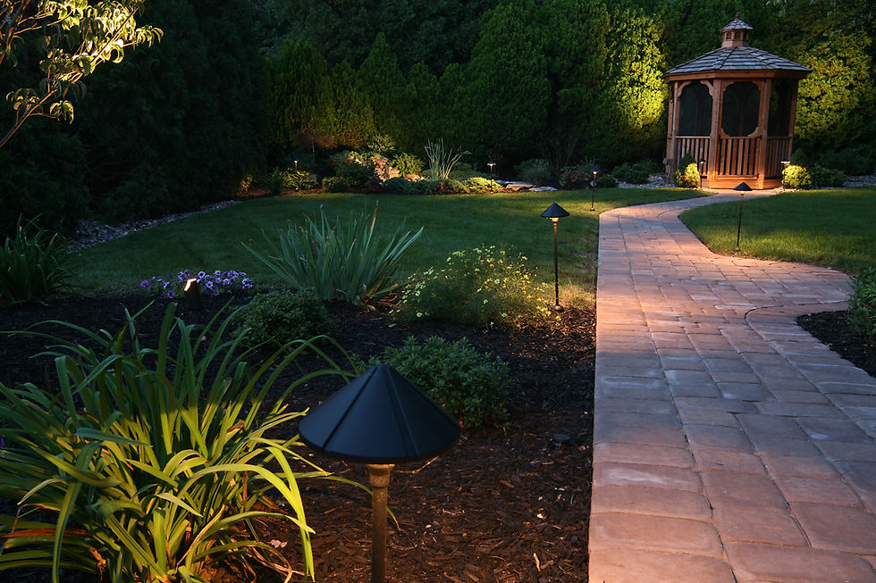 Illuminated garden pathway at night featuring low-voltage outdoor stake lights and planted borders
