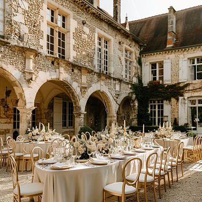 Festlich gedeckter Bankettsaal im Freien auf dem Schlossgelände, elegante Hochzeitsdekoration für das Brautpaar, romantische Location für eine Traumhochzeit im Schlosspark