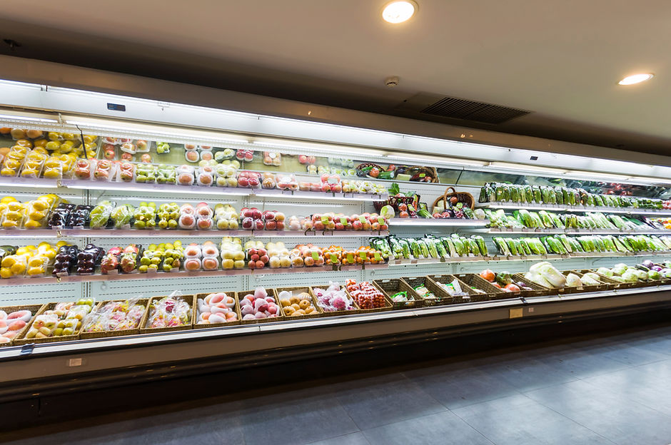 Shelf with fruits in supermarket