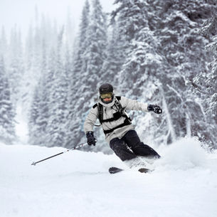 Skier in gray outfit descends a snowy slope, surrounded by snow-covered trees. Overcast sky enhances the serene, chilly atmosphere.