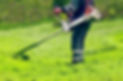 A person in protective gear trims grass with a string trimmer in a lush, green lawn