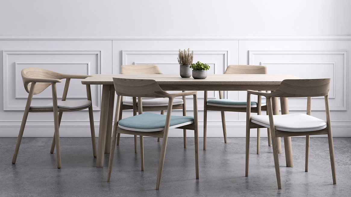 Modern dining room with a light wood table and six matching chairs