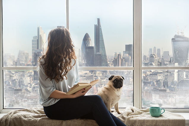 Woman sat in her window, reading a book