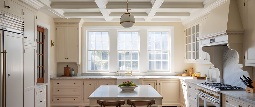 view from a modern kitchen look out a window that has glare from the sun shining in kitchen