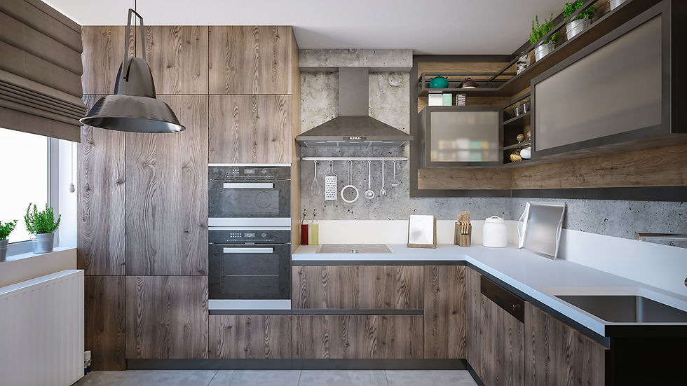 modern kitchen interior with wooden cabinets