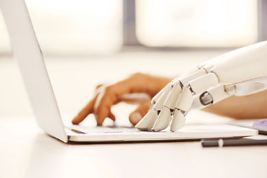 Robotic process automation RPA concept showing automated digital document processing and background invoice reconciliation.