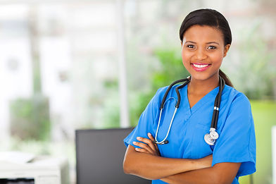 beautiful african american female pediatric nurse in modern office