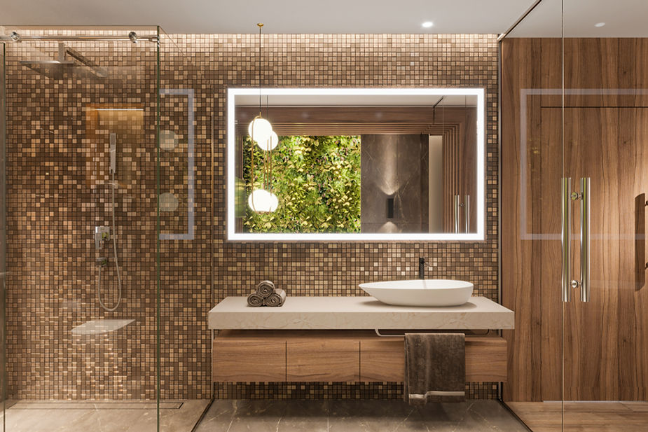 Luxury apartment bathroom interior. Mirror with LED light, sink, towels, shower with glass